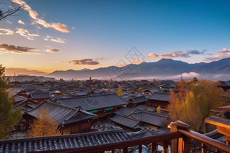 黎明时分的大雁古镇背景图片