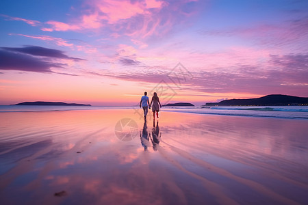 情侣在日落时分沿着海滩浪漫漫步图片
