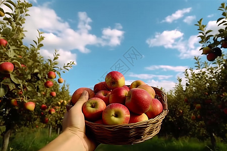 果树和手里拿着的一筐苹果图片
