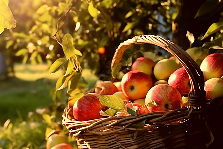 果园里阳光下的一筐新鲜苹果高清图片