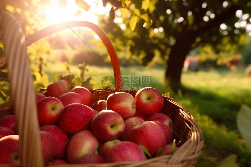 果园里阳光下的一筐苹果图片