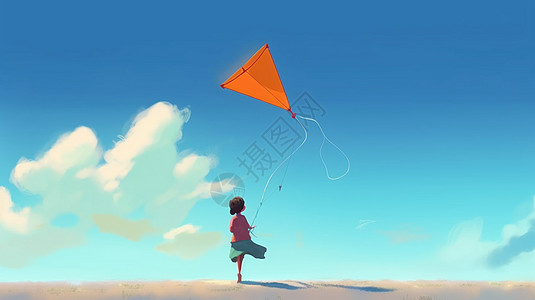 一个孩子在大风天放风筝图片