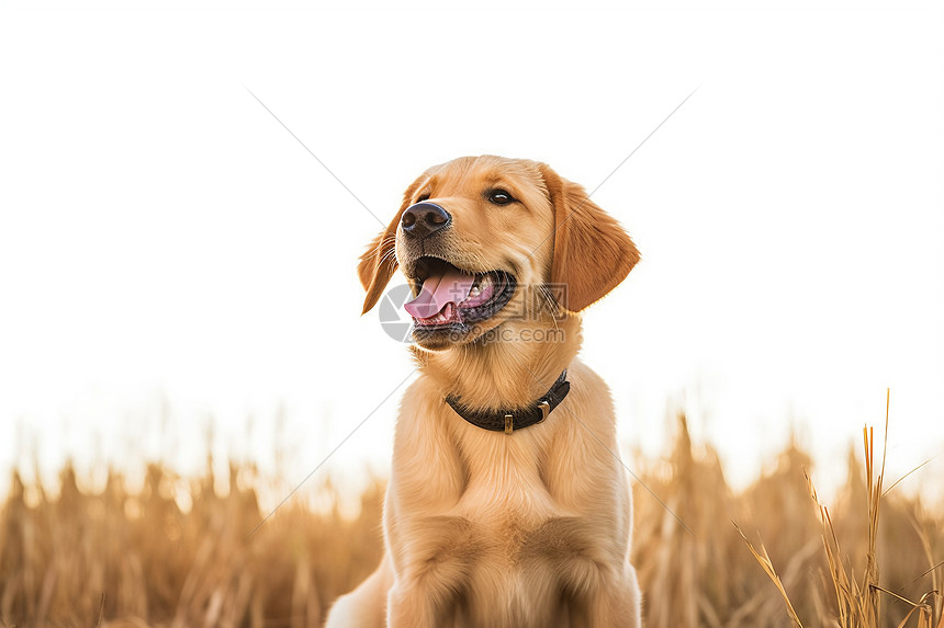 户外草地上的黄色毛发狗狗图片