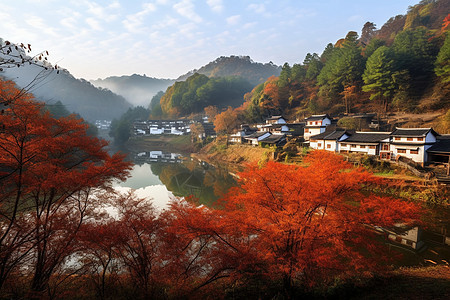 河边村庄建筑风景图片