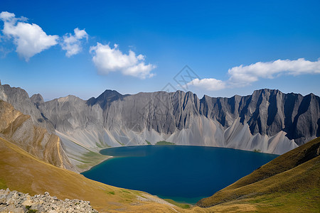 蓝天下的山峰与湖水图片