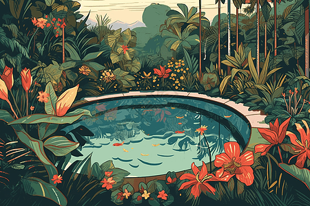 植物环绕的泳池图片
