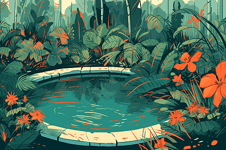 绿色植物环绕的泳池图片