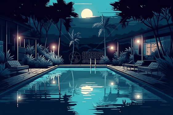 月光下的泳池图片
