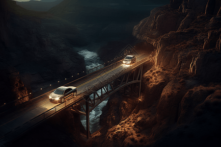一辆车奔驰在悬索桥高清图片