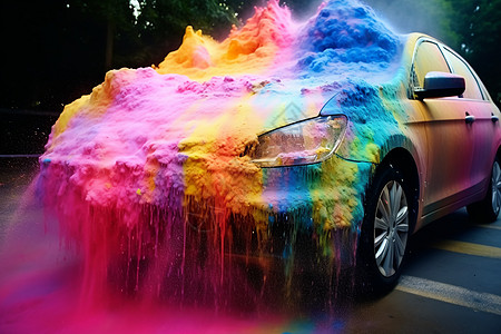 彩虹泡沫喷涂到汽车上图片