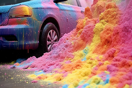 五颜六色的彩虹泡沫喷涂到汽车上图片