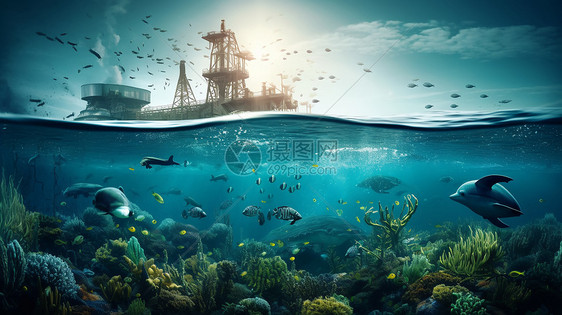 与海洋发电厂互动的各种海洋生物图片