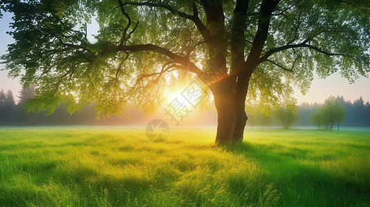 草地上的绿树背景图片