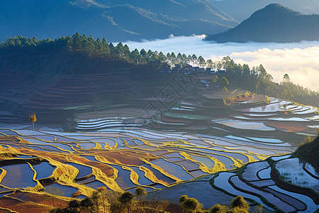 云雾缭绕的山的美丽景色背景