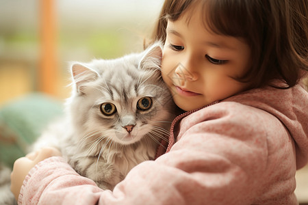 猫宝宝女孩抱着宠物猫背景