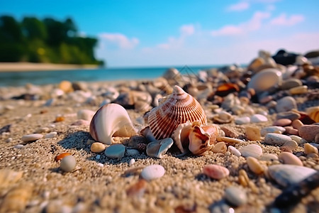在花叶上的蜗牛五颜六色的贝壳散落在沙滩上背景