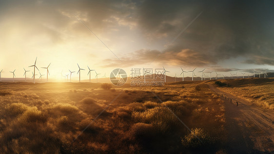 日落时风电场的全景图片