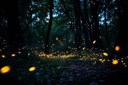 在黑暗的树林中闪闪发光的萤火虫图片