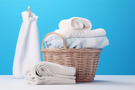 毛巾堆在洗衣篮里图片