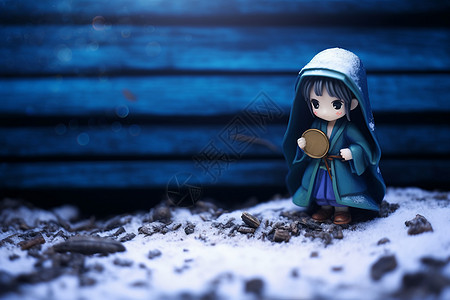 简笔小人坐在雪地的女孩插画
