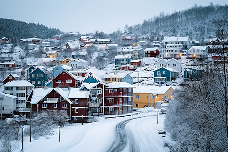 被雪覆盖的小镇建筑高清图片
