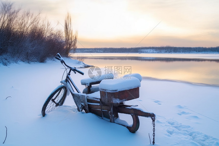 雪地中冰冻的自行车图片