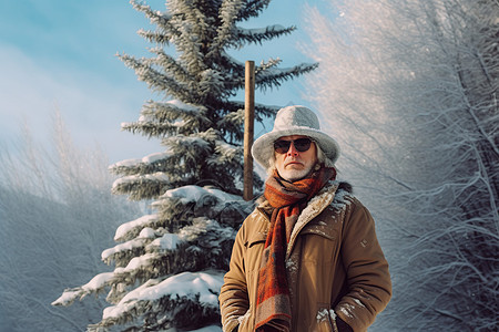 雪松前的男人图片