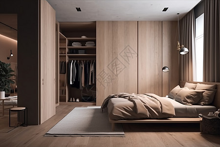一间整洁的卧室和一个现代简约风格的简约开放式衣柜图片