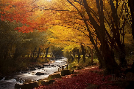 河边树林的秋天图片