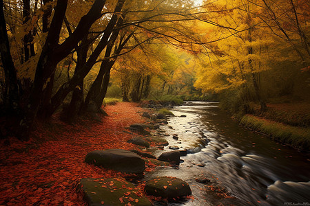 秋天溪流边的树林图片