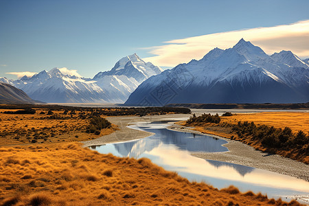 秋天的雪山草原河流图片