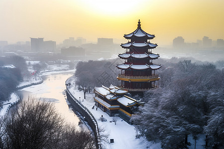 白茫茫的塔楼雪景图片