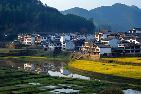 油菜花田地油菜花与乡村美景背景