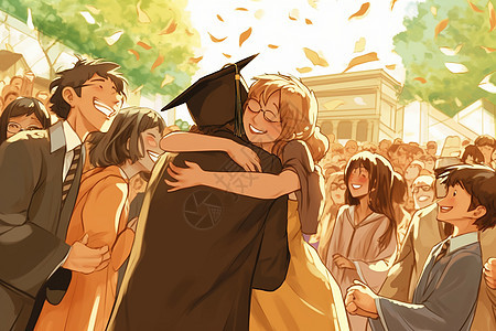 卡通毕业生拥抱家人插画图片