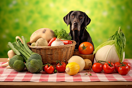 新鲜果蔬和一只狗图片