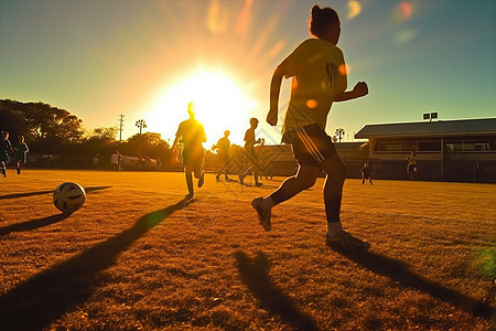 日落时校园的足球比赛图片