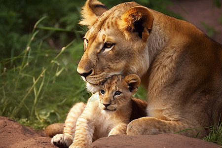 凶猛的狮子和幼崽背景图片