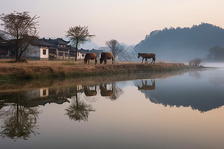 乡村清晨风景图片