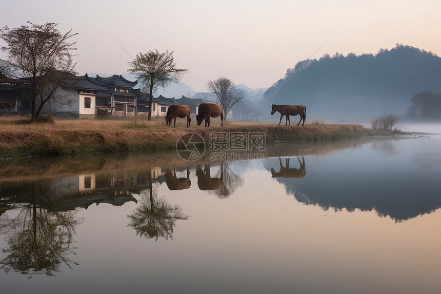 乡村清晨风景图片