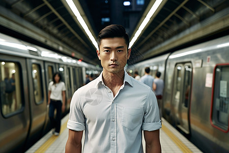 地铁里穿白衬衣的男士图片