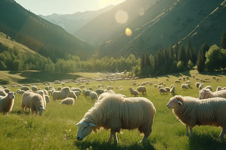 阳光下牧场和羊群图片