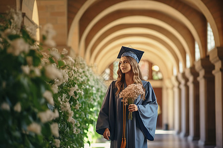 女毕业生举着鲜花图片