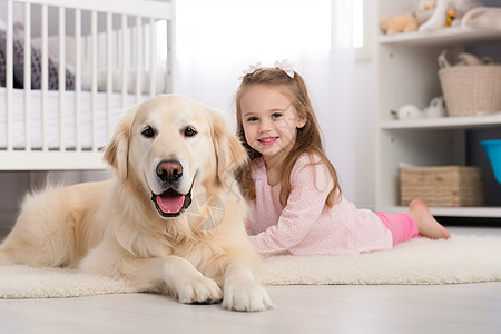 小女孩和金毛猎犬高清图片
