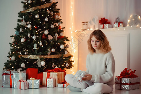 女孩坐在圣诞树下图片