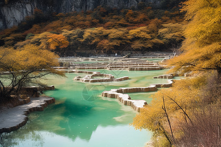 森林树木岩石矗立在河流背景