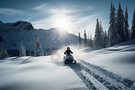 雪地中驾驶的摩托车图片