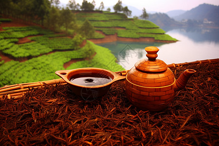 养生壶沏好的一壶黑茶背景