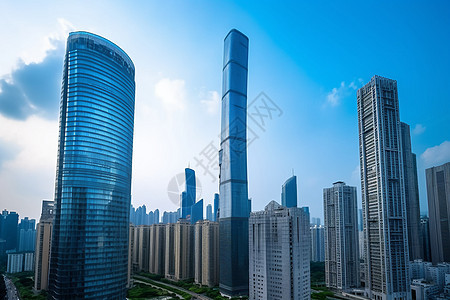 在蓝色天空下的现代建筑背景图片