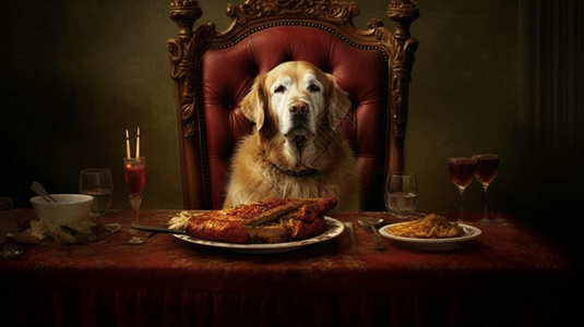 狗坐在椅子上吃饭图片