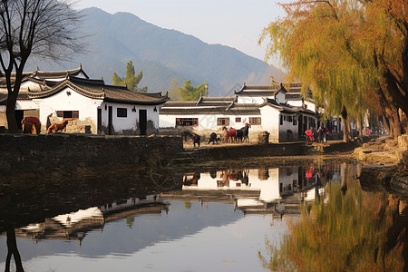 水边建筑水上的小镇背景